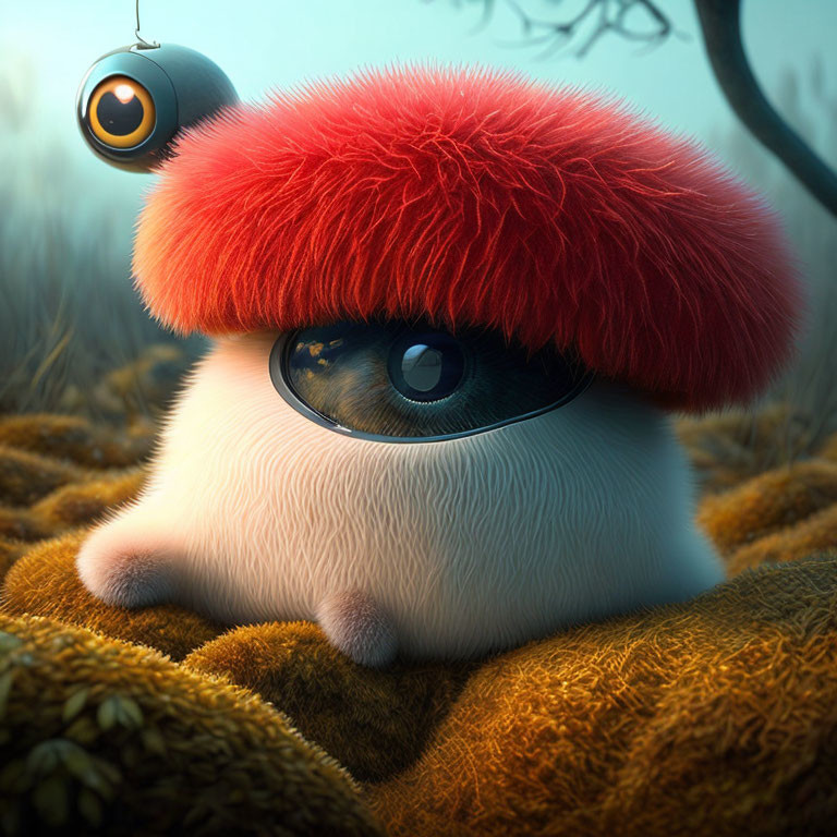 Fluffy creature with large eye and red mushroom cap, robot in surreal forest scene