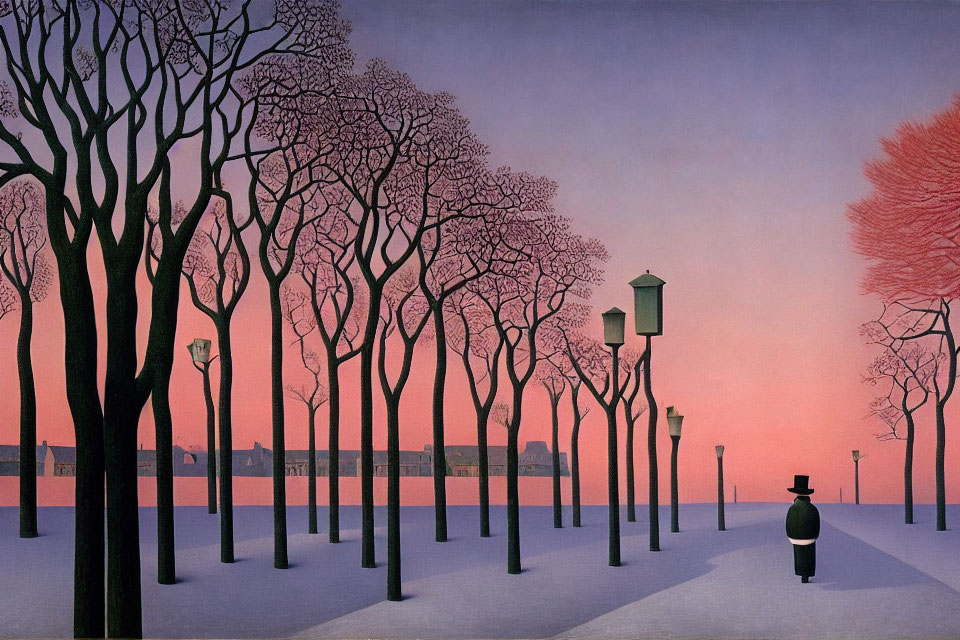 Person in Hat Walking on Snowy Path with Trees and Lampposts at Twilight