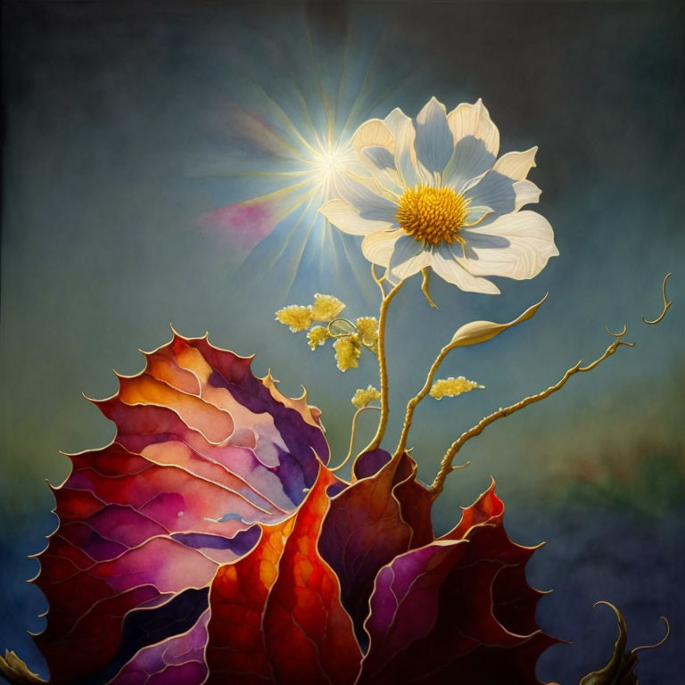 Luminescent white flower with sun-like glow amidst red and purple autumn leaves