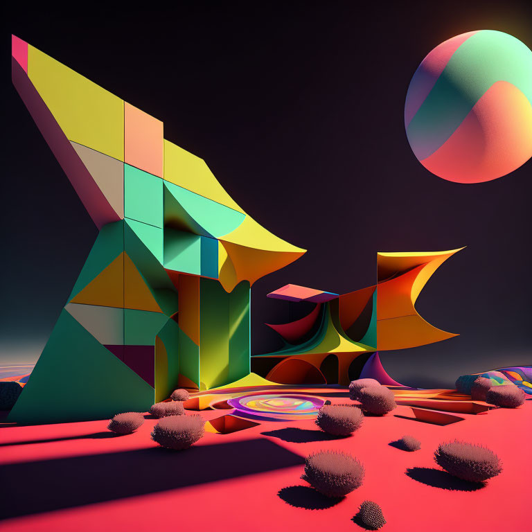 Colorful 3D geometric shapes on red surface with floating orb