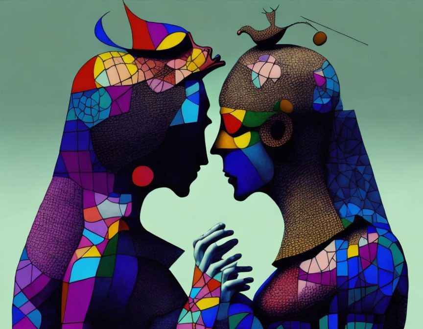 Colorful mosaic-like figures in silent communication against gradient backdrop