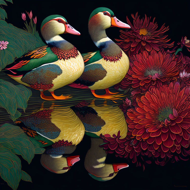 Vibrantly colored ducks on dark water with detailed reflections and lush floral patterns