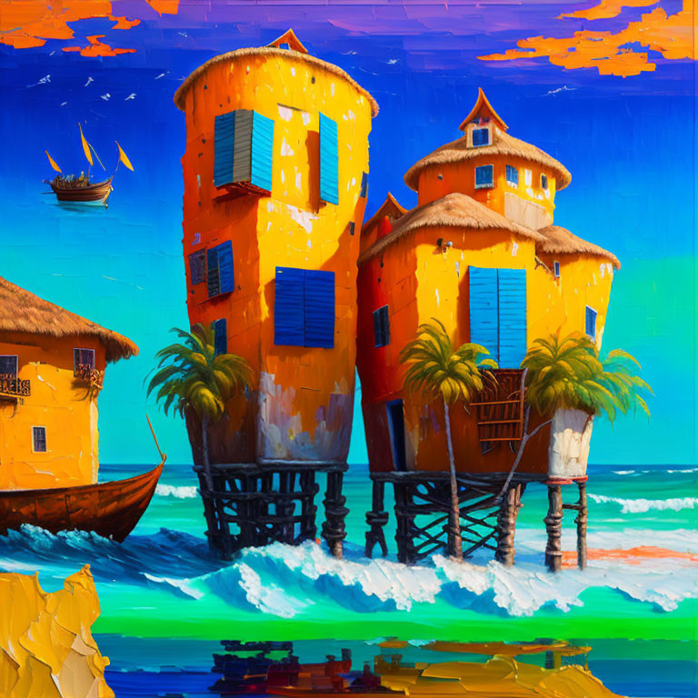 Colorful painting of beach houses on stilts over turquoise water with boat and vibrant sky.