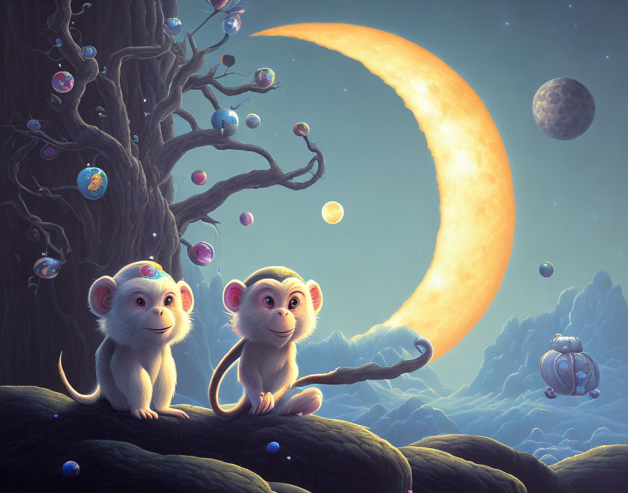 Cartoon monkeys under tree with bubbles, moon, planets, and spaceship