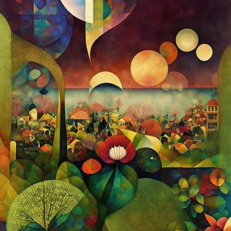 Vibrant abstract landscape with geometric shapes and whimsical trees