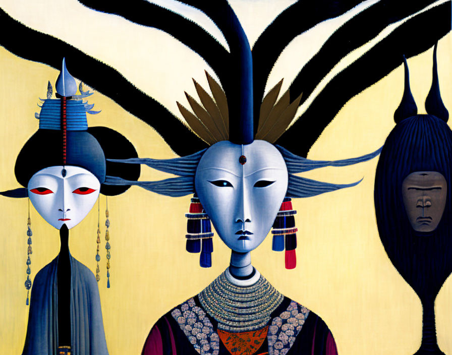 Stylized figures with elongated faces and ornate headdresses on yellow background