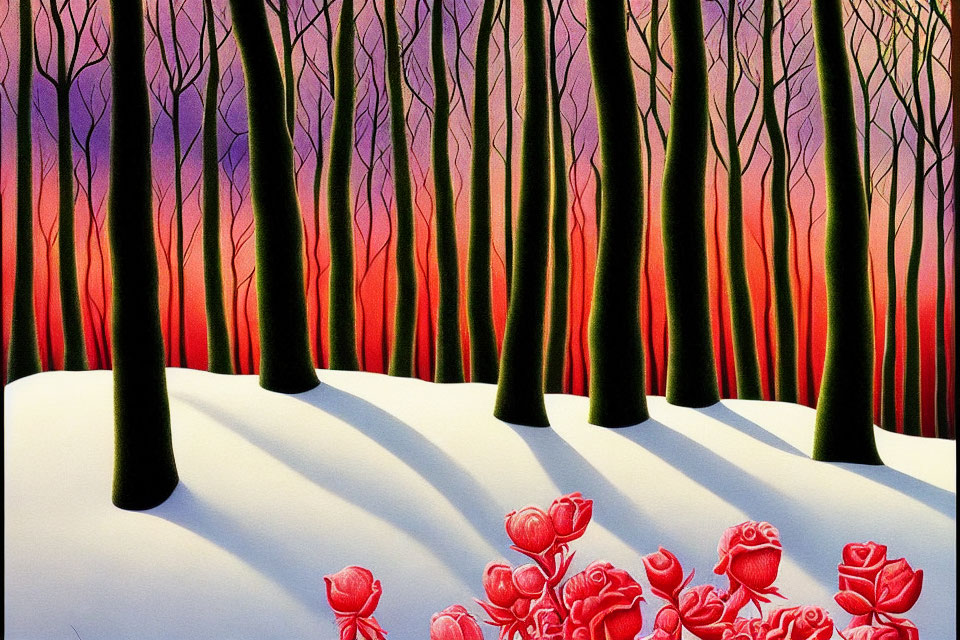 Snowy Landscape with Leafless Trees and Red Roses in Pink Purple Sky