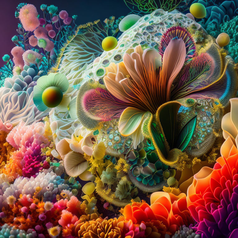 Colorful Digital Art: Fantastical Coral Reef Ecosystem with Abstract Marine Flora