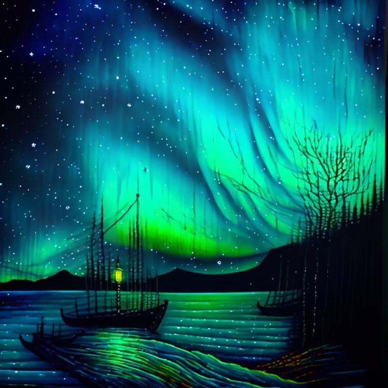 Northern Lights illustration: sailboat, calm waters, silhouetted trees, starry sky