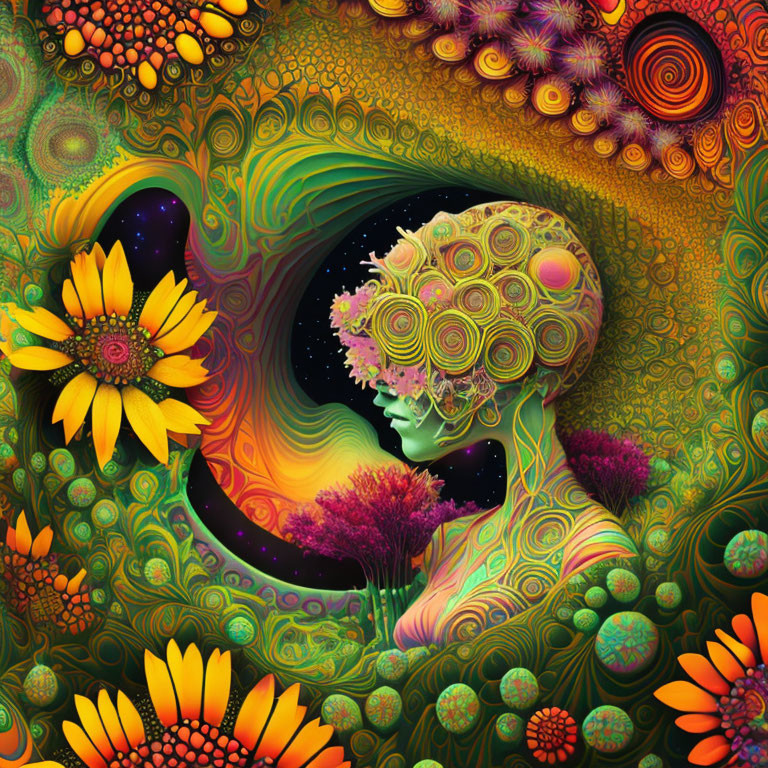 Colorful Psychedelic Human Silhouette with Tree Brain in Cosmic Setting