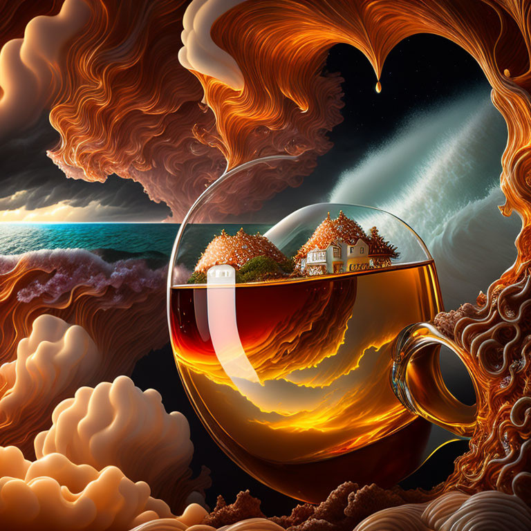 Surreal illustration of glass cup with house on island and space backdrop