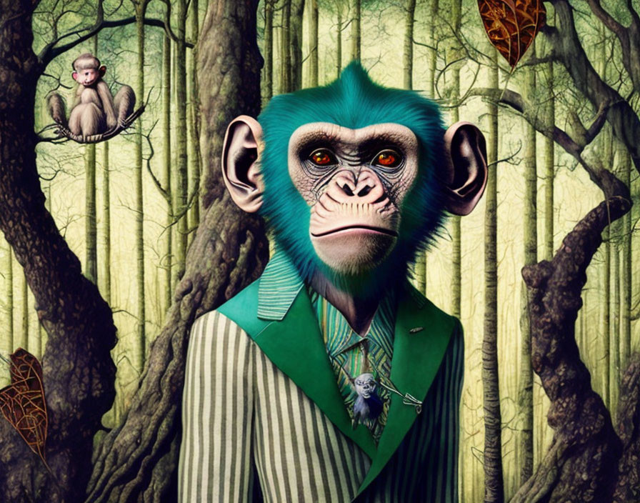 Monkey in pinstripe suit with human-like features in forest scene