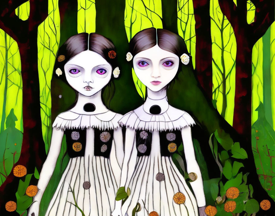 Identical girls with purple eyes in nature setting