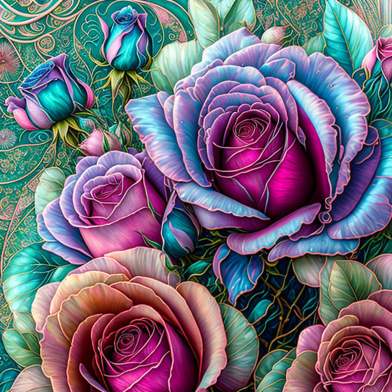 Colorful Stylized Roses Illustration in Purple and Teal