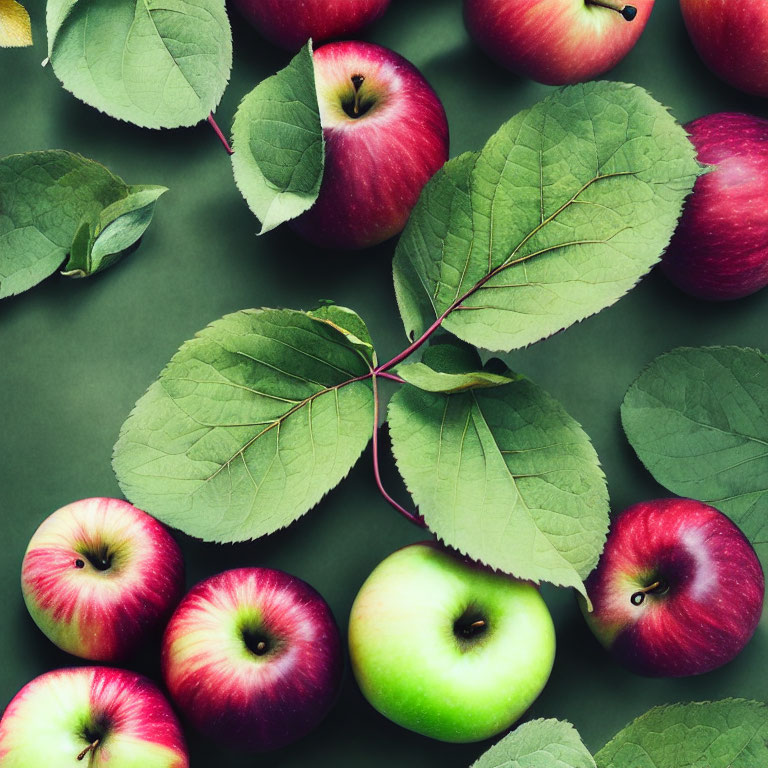 Vibrant Red and Green Fresh Apples on Dark Green Background