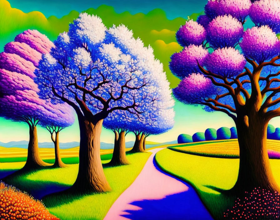 Colorful Trees and Winding Path in Stylized Landscape