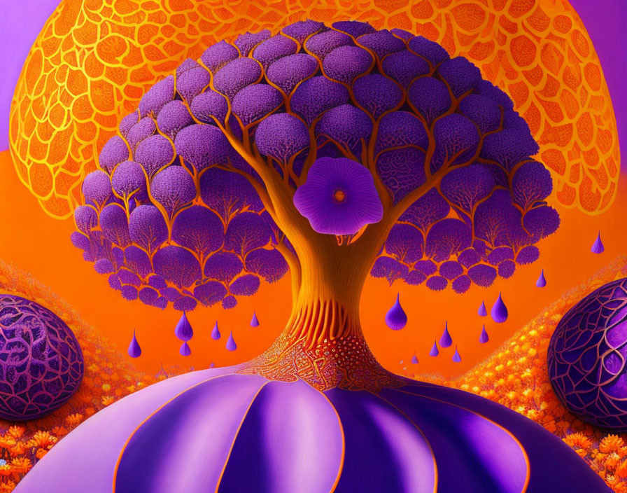 Surreal purple tree with teardrop fruits in orange landscape