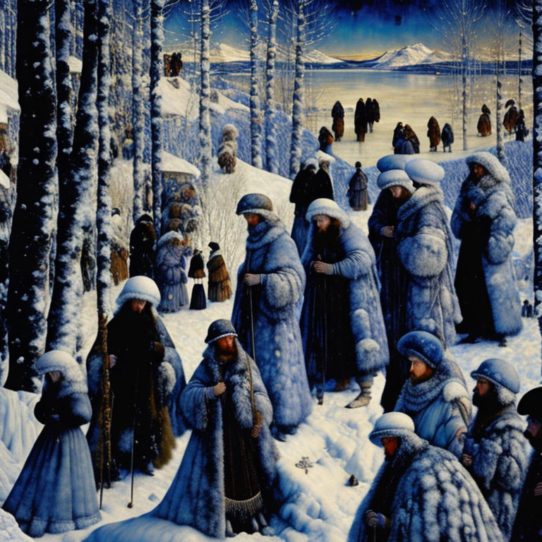 Group of people in traditional blue winter clothing by snow-covered trees.