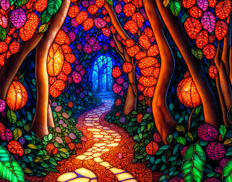 Colorful Stained-Glass Style Artwork of Forest Pathway