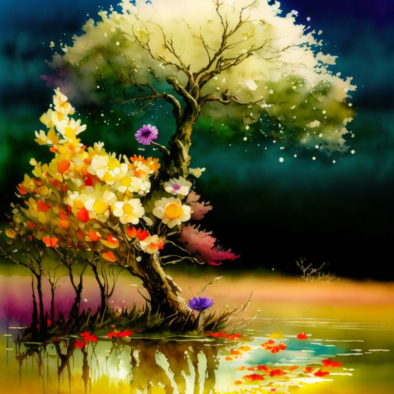 Colorful Tree with Flowers Reflecting in Water at Dusk