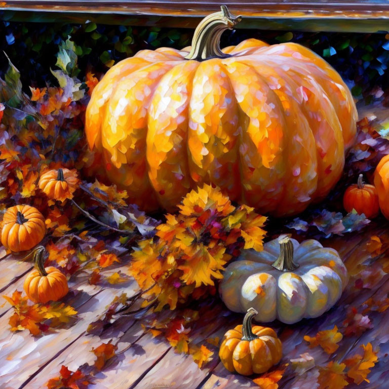 Colorful Pumpkin Still Life Painting with Autumn Leaves on Wood Surface