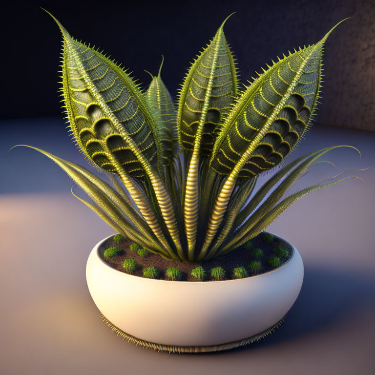 Detailed digital artwork of surreal Venus flytrap plant in white pot