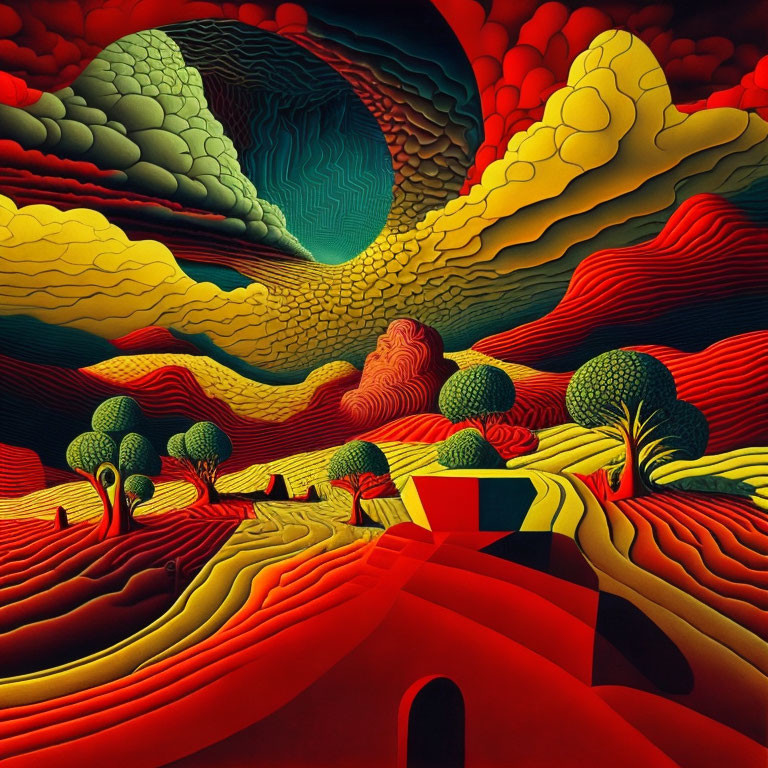 Colorful Surreal Landscape with Undulating Hills and Wavy Sky