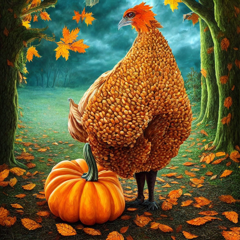 Giant chicken with orange feather texture beside a pumpkin on forest path