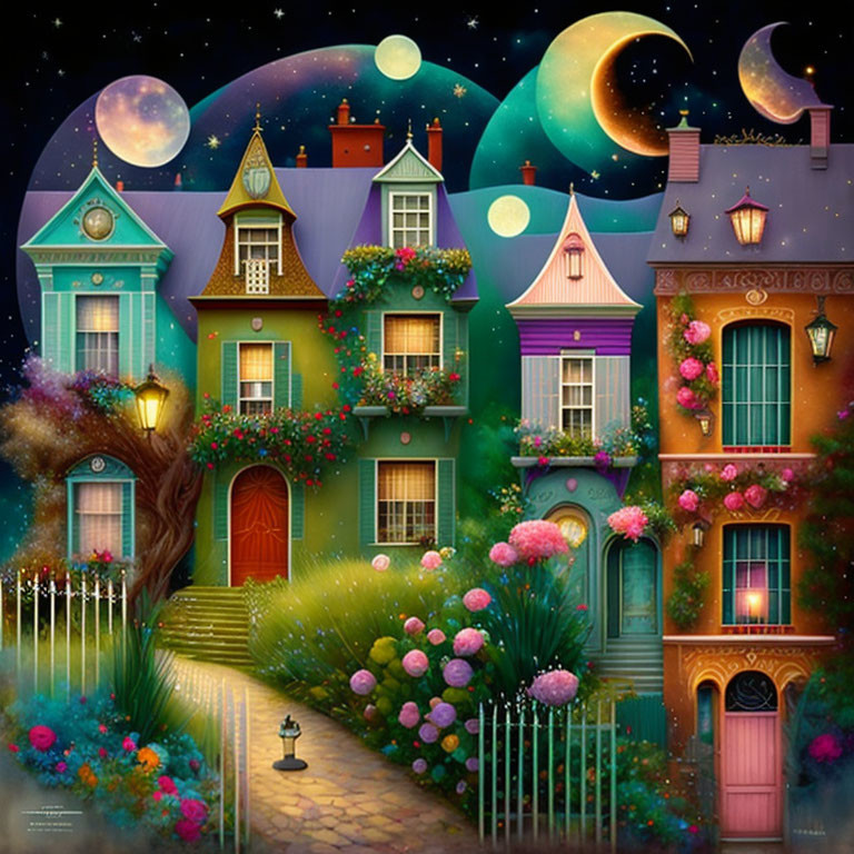 Colorful Whimsical Houses with Flowers under Starry Sky