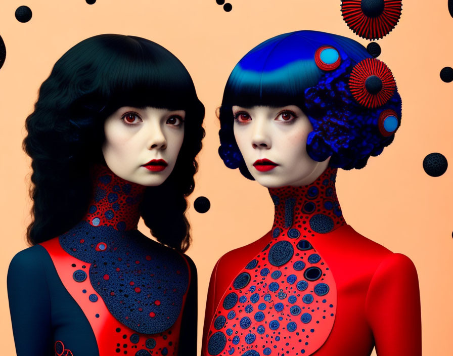 Stylized female figures with blue and red patterned skin in futuristic setting