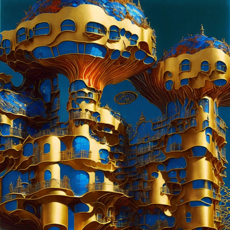 Fantasy digital artwork: Golden tree-like structures against deep blue sky