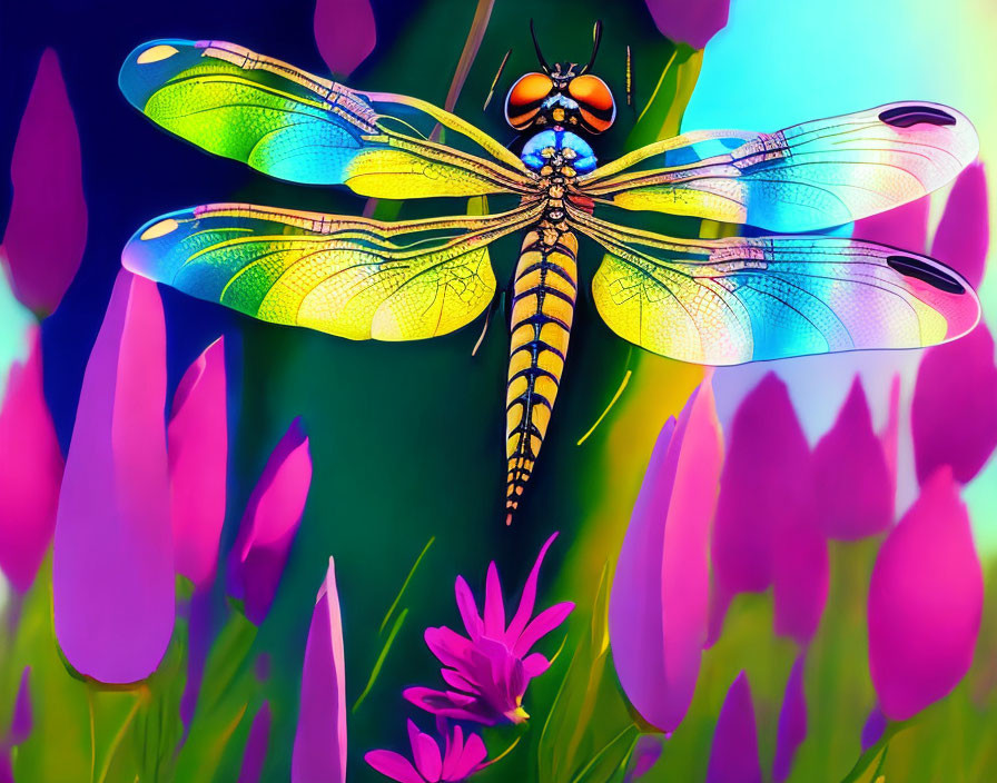 Colorful Dragonfly Illustration with Translucent Wings and Floral Background