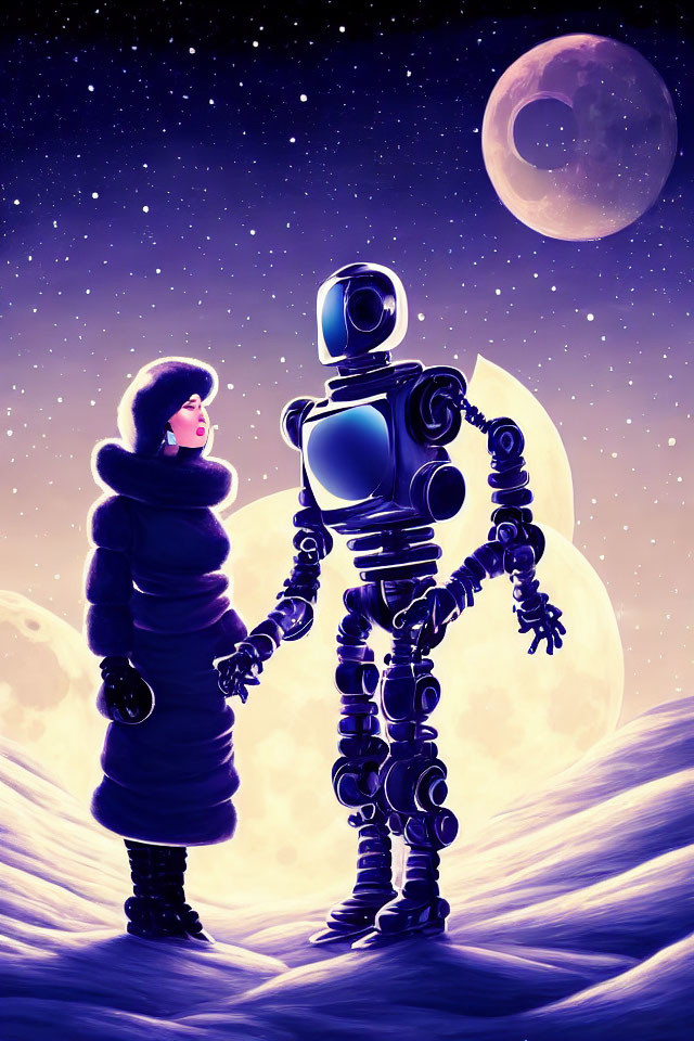 Person in winter coat and robot holding hands on lunar surface under stars and large moon