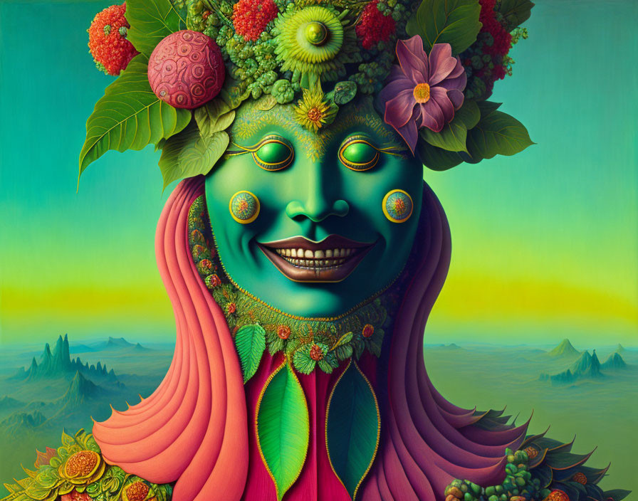 Surreal female figure made of fruits and vegetables in vibrant landscape