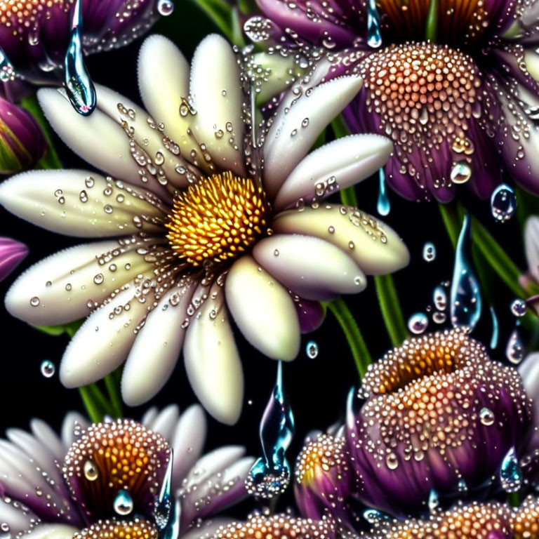 Vibrant flowers with dewdrops showcasing intricate patterns