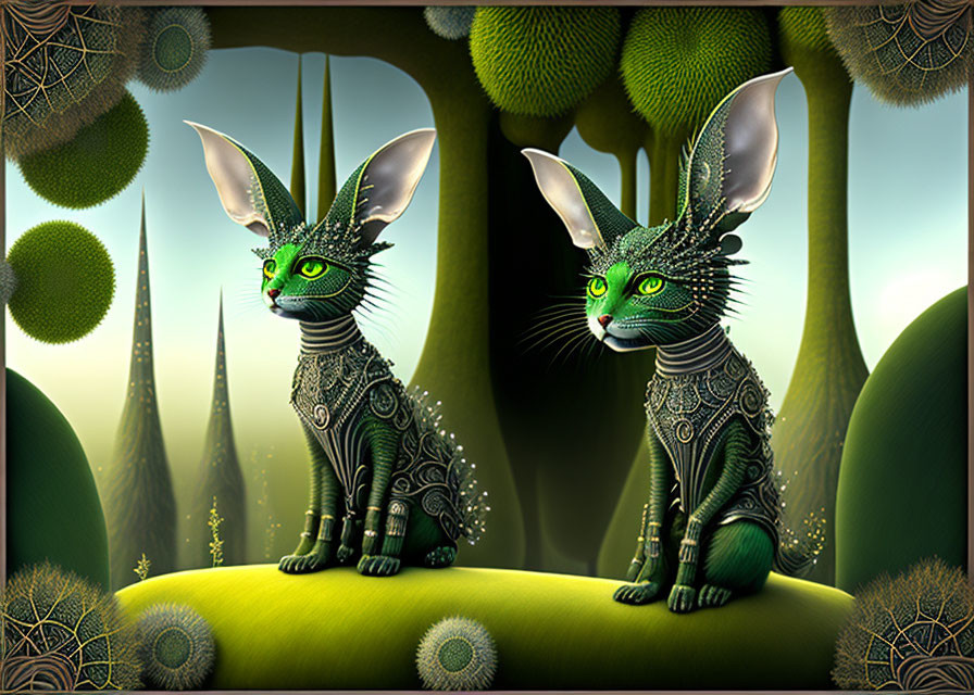 Stylized ornate feline creatures in fantastical landscape