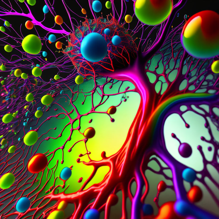 Vibrant Neural Network Illustration with Neurons and Neurotransmitters