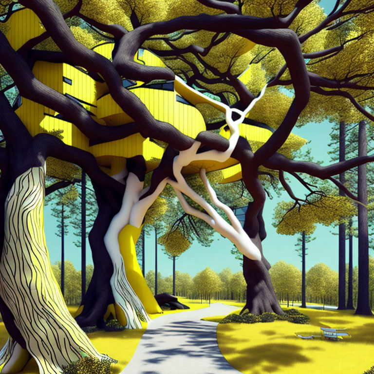 Whimsical black and white trees around vibrant yellow building in forest