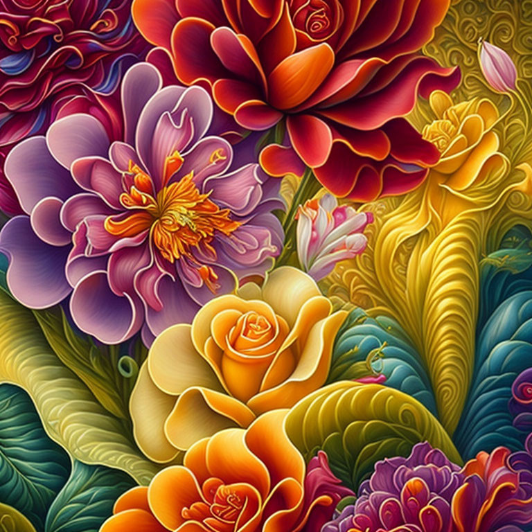 Colorful digital flower art with intricate details and vivid red, yellow, and purple hues on textured backdrop