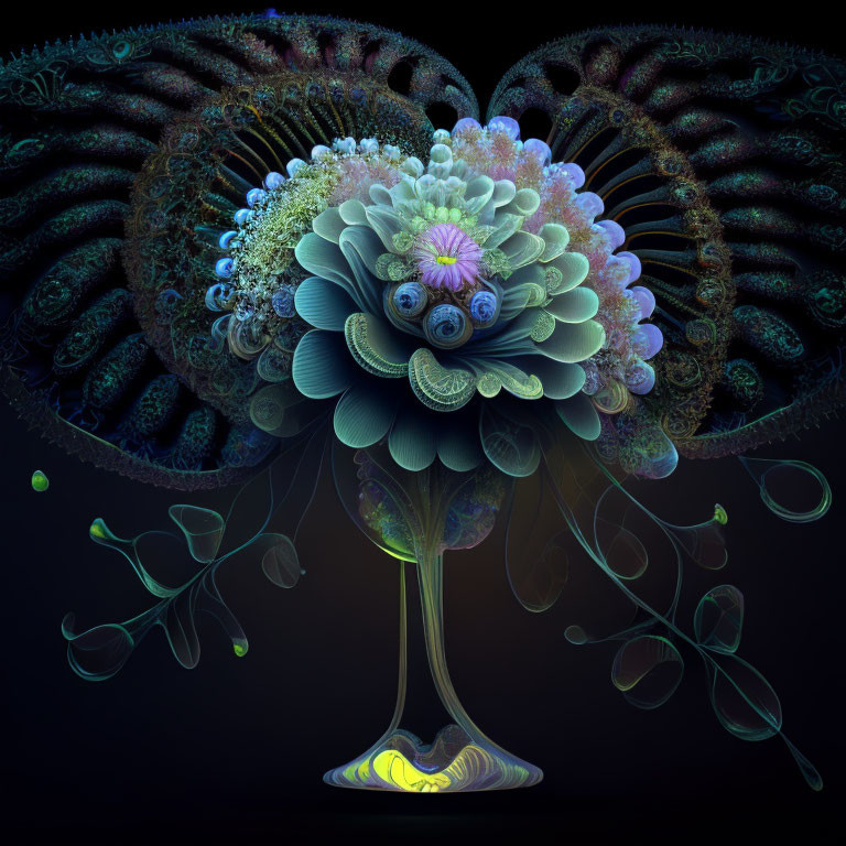 Colorful fractal flower-like structure on dark background: neon-infused botanical art