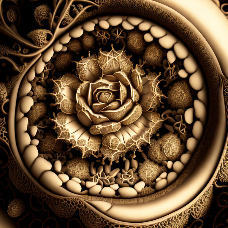 Fractal-generated sepia-toned image with central rose pattern and intricate lacework.