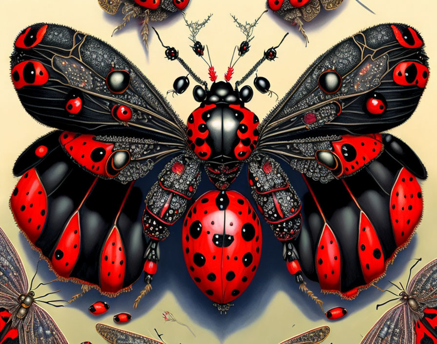 Stylized insects with ladybug patterns and jewel-like details on neutral background