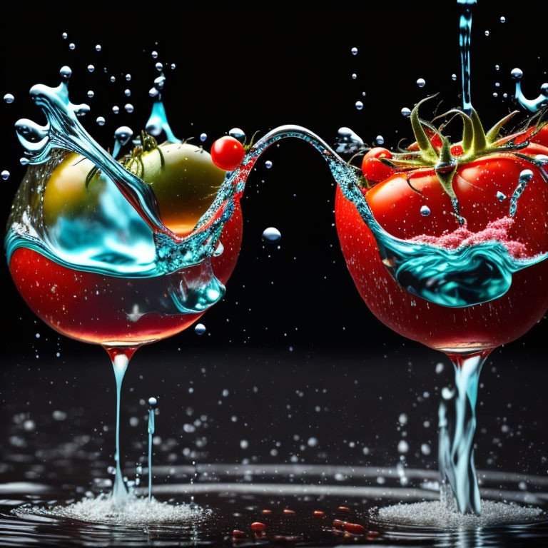 Fresh tomatoes with stems splashed with water on dark background.