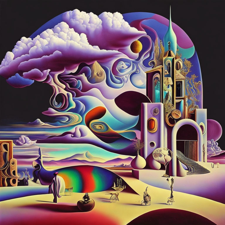 Surrealist landscape with castle, celestial bodies, peacock, and figures