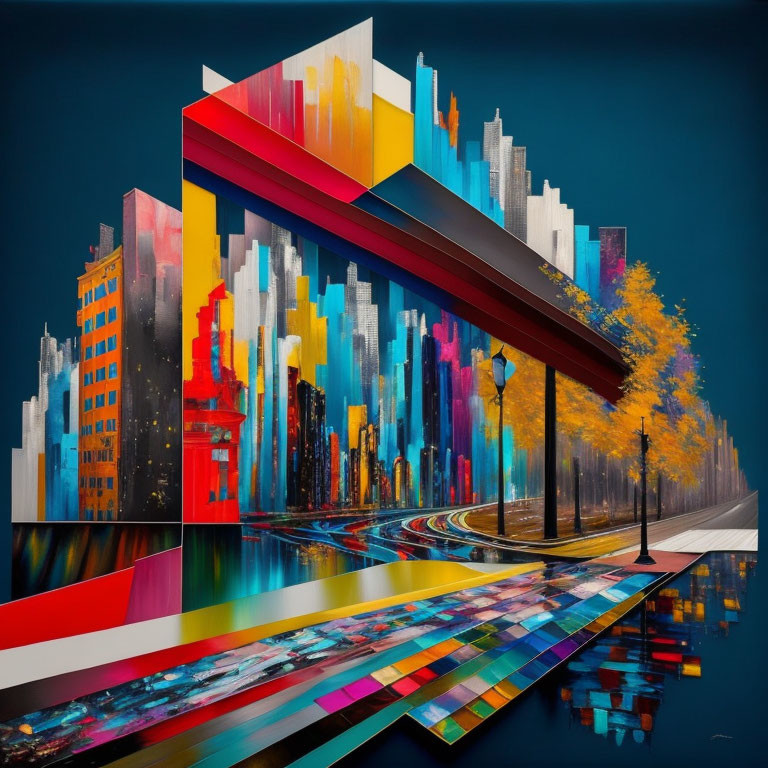 Colorful Abstract Cityscape with Reflective Road & Geometric Sky