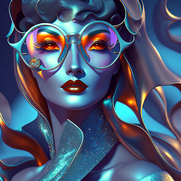 Digital art: Woman with blue skin, orange glasses, metallic hair on blue background