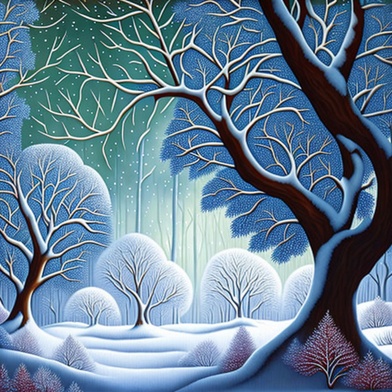 Whimsical winter landscape with blue trees and snowy ground