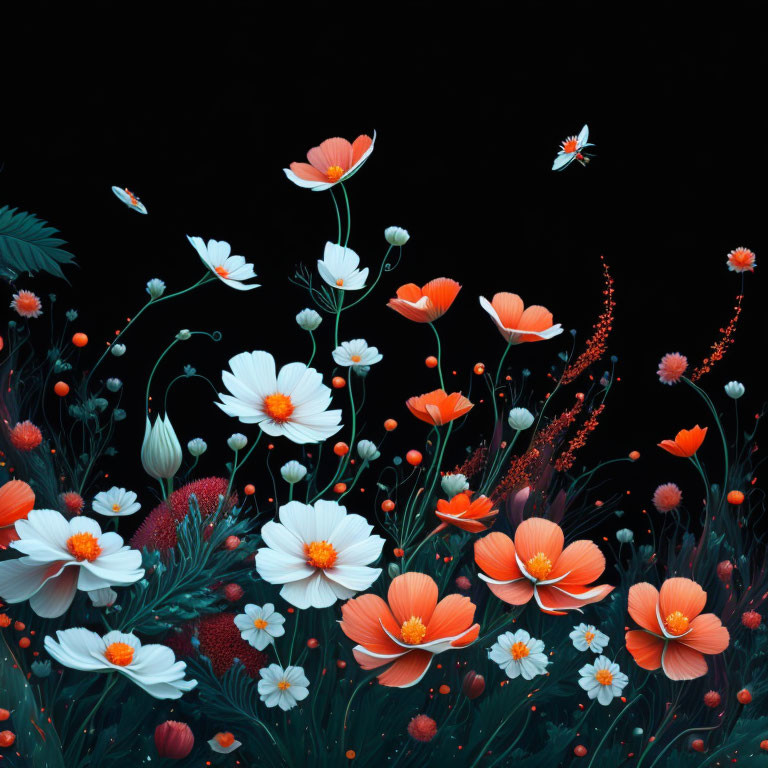 Colorful digital artwork: orange and white flowers, lush greenery, butterfly on dark background