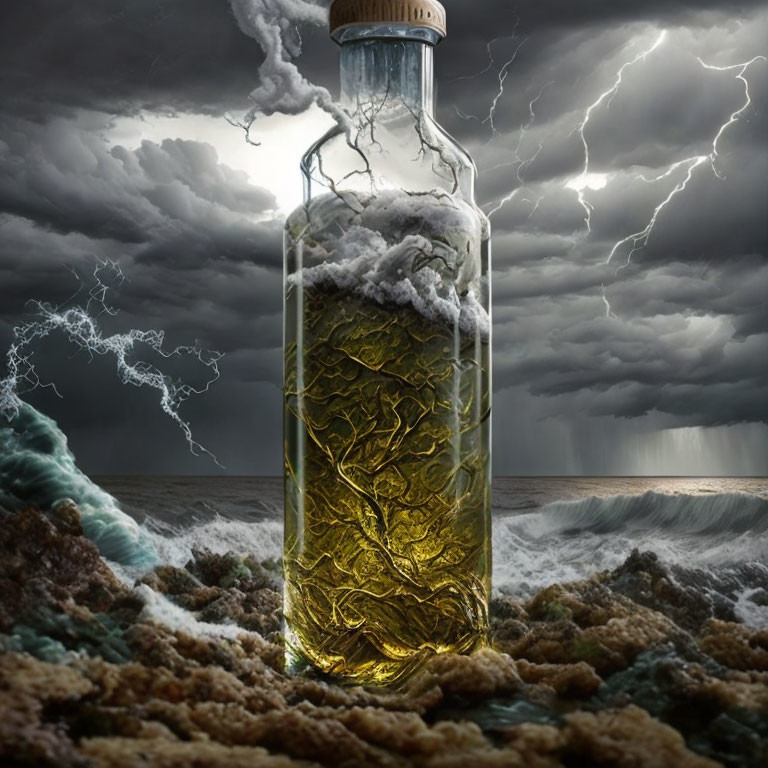 Surreal stormy ocean scene with lightning in a bottle