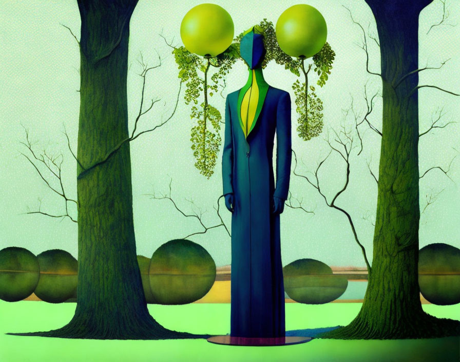 Surreal Artwork: Figure with Round Head in Tree Landscape under Green Sky